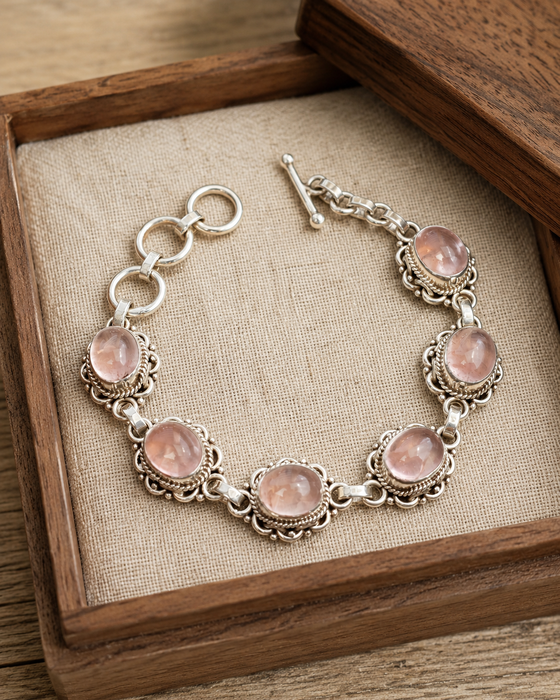 Sterling Silver Rose Quartz Link Bracelet – Vintage Style Floral Statement Jewelry