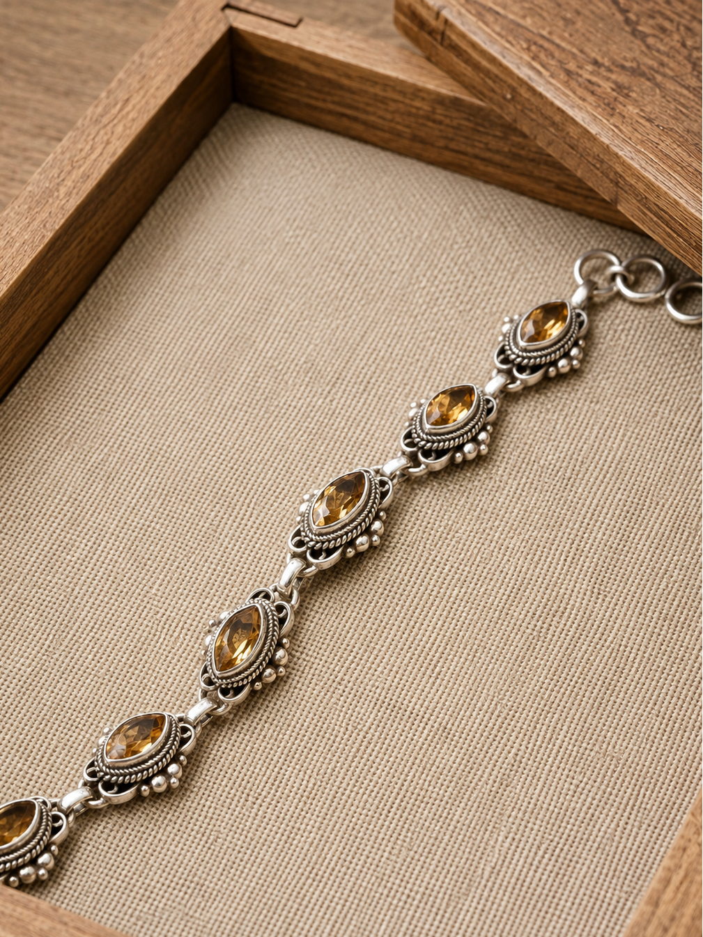 Solid Sterling Silver Citrine Marquise Gemstone Bracelet