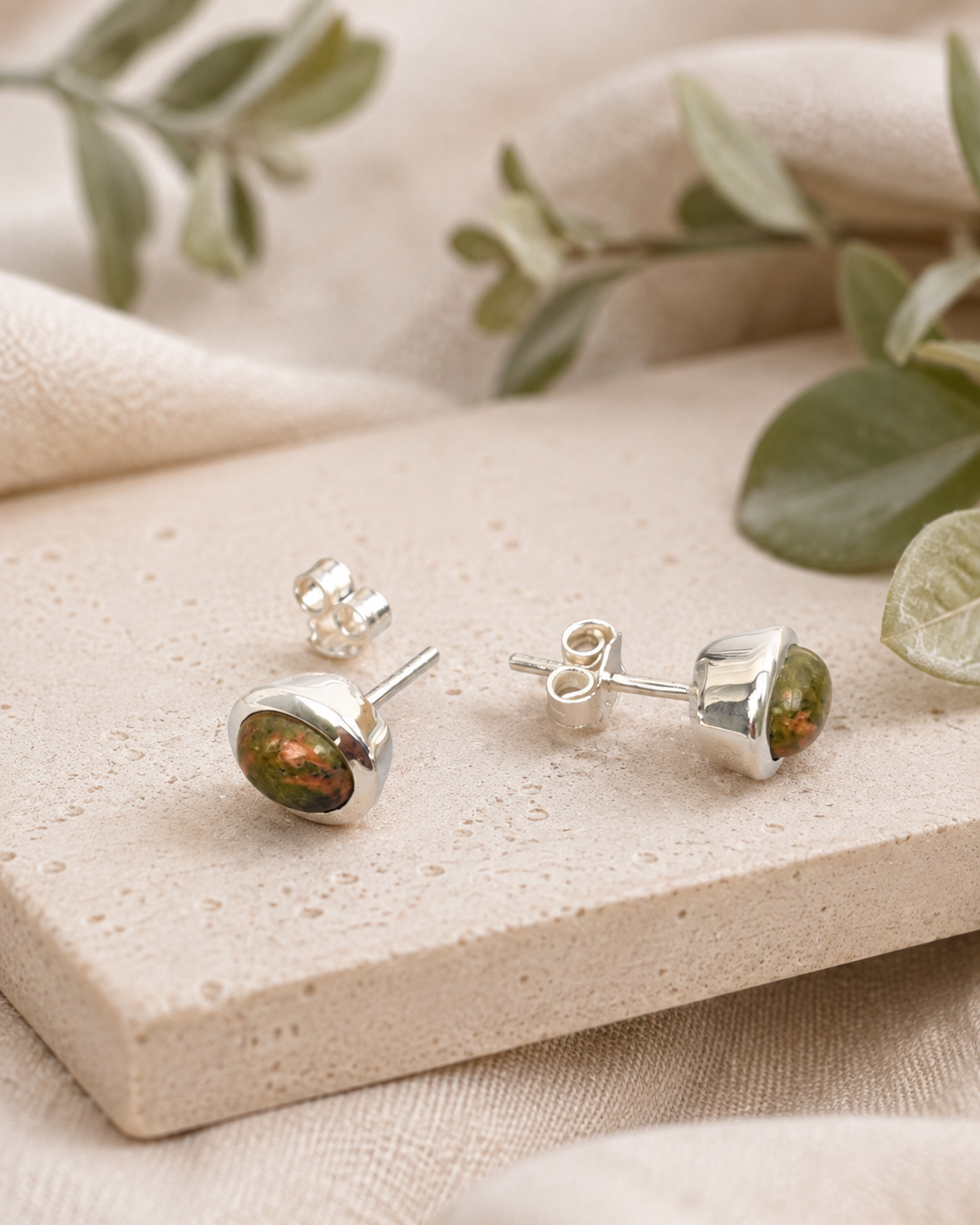 Sterling Silver Unakite Jasper Stud Earrings – Natural Green Pink Gemstone Earrings