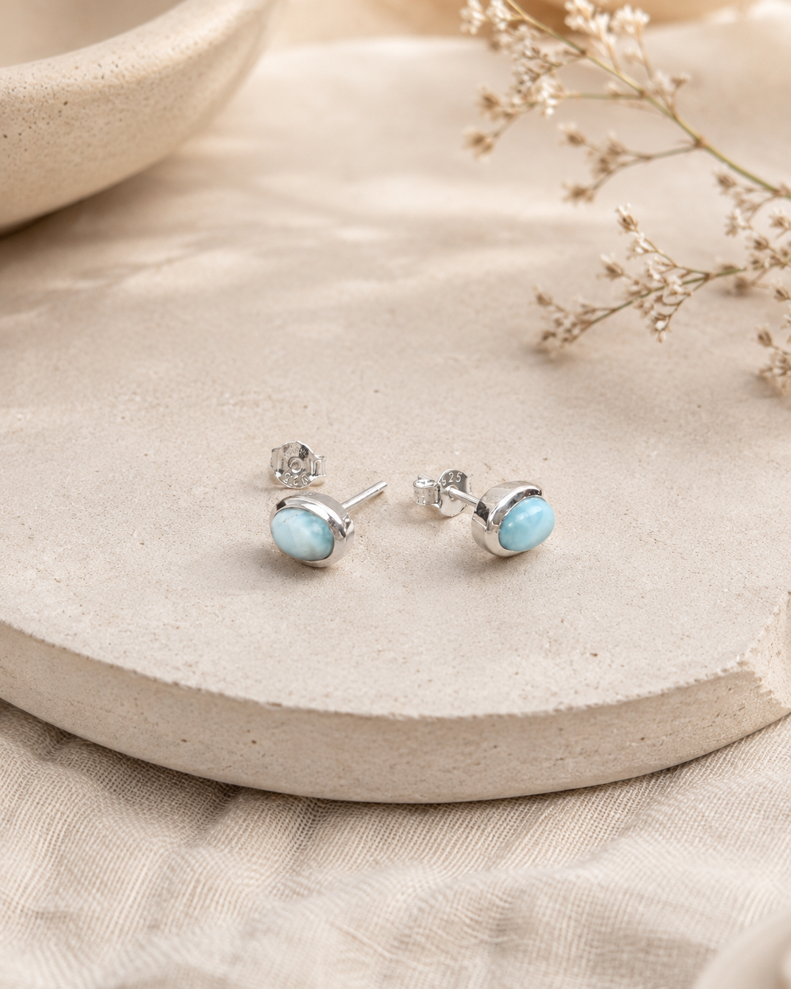 Natural Larimar Stud Earrings in Sterling Silver – Oval Blue Gemstone Earrings