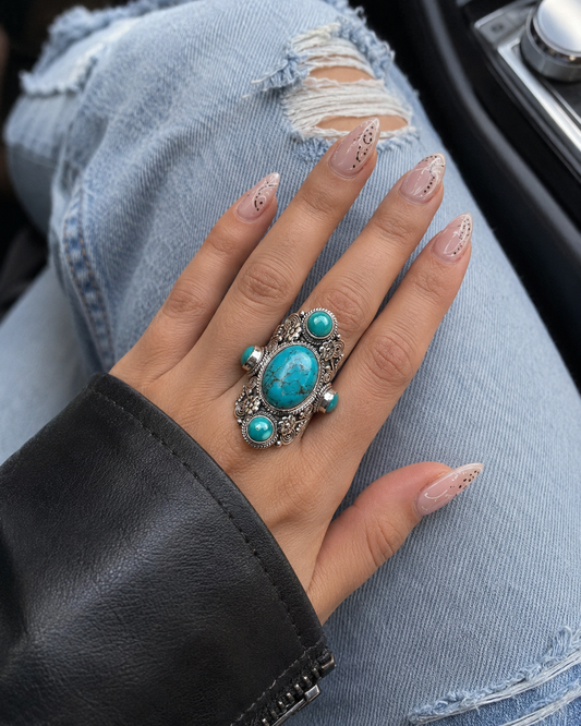 Sterling Silver Turquoise Statement Ring – Handcrafted Boho Gemstone Ring