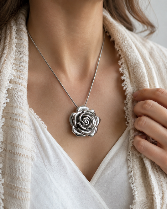 Sterling Silver Rose Pendant – Hollow 925 Silver Flower Charm, Floral Necklace Pendant