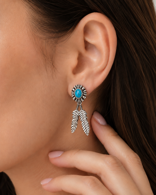 Solid Sterling Silver Turquoise Feather Stud Earrings