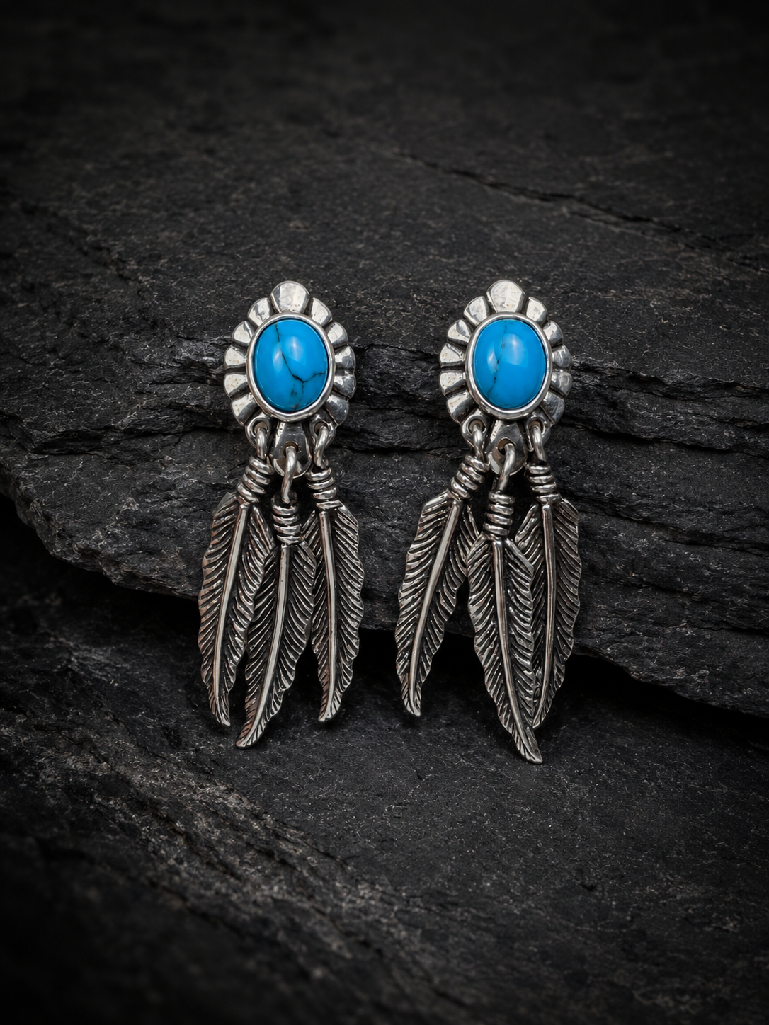 Sterling Silver Turquoise Feather Stud Earrings