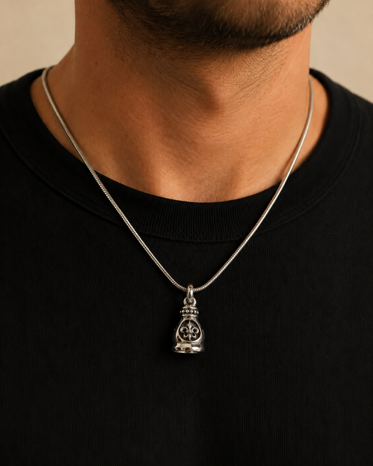 Solid Sterling Silver Fleur-de-Lis Bell Pendant – Oxidized 925 Silver Artisan Gothic Charm Pendant