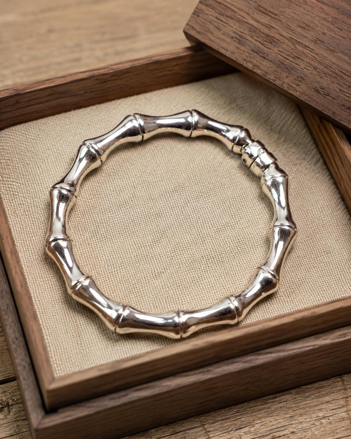 Solid Sterling Silver Bamboo Bangle Bracelet – 8mm Hollow Hinged Spring Opening