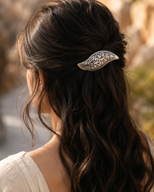 Sterling Silver Filigree Leaf Hair Clip, Handmade Ornate Floral Barrette, Elegant Silver Hair Accessory for Women