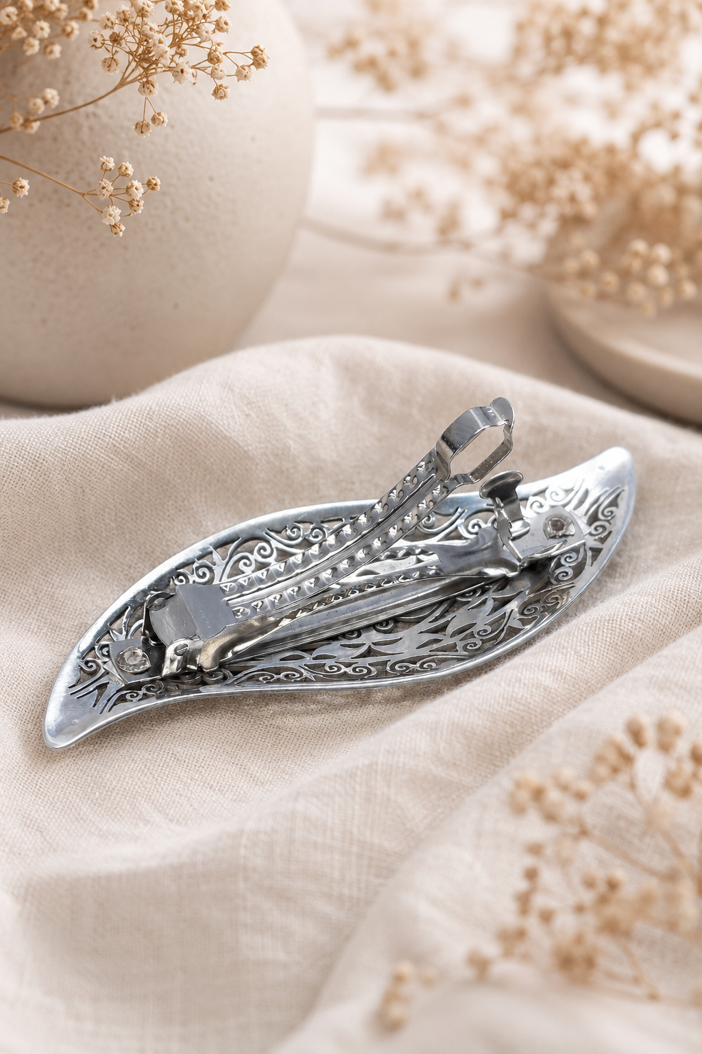 Sterling Silver Filigree Leaf Hair Clip, Handmade Ornate Floral Barrette, Elegant Silver Hair Accessory for Women