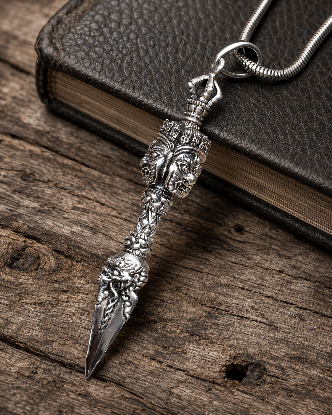 Solid Sterling Silver Dorjee Phurba Pendant, 3 Sided Bhairav Face Vajra Dagger Pendant