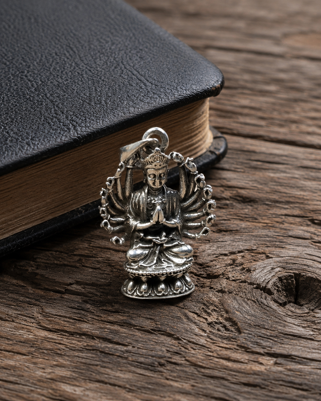 Solid Heavy Sterling Silver Avalokiteshvara Pendant | Chenrezig Thousand Arm Bodhisattva Pendant