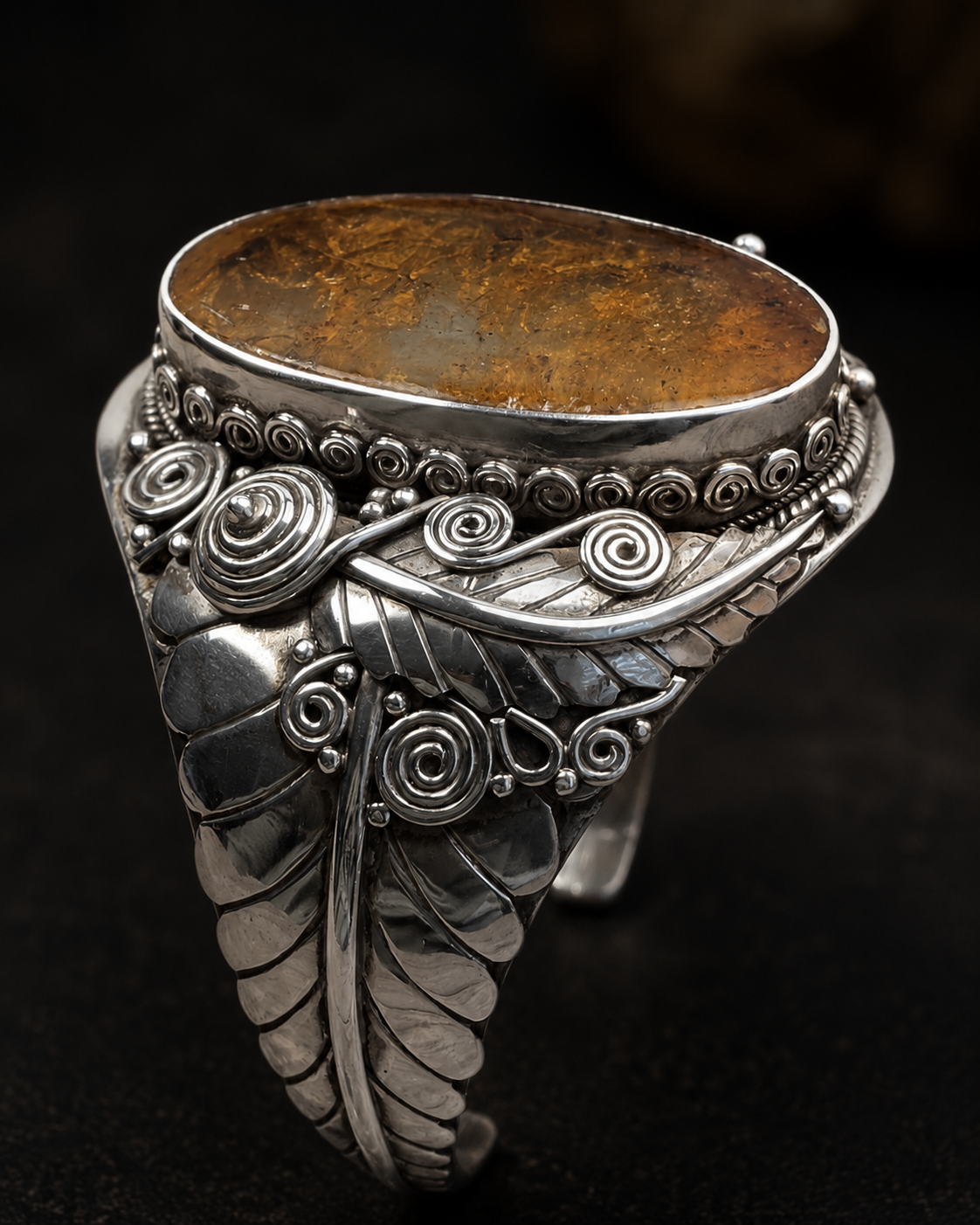 Solid Heavy Sterling Silver Natural Amber Cuff Bracelet, Handmade Wide Boho Statement Bangle