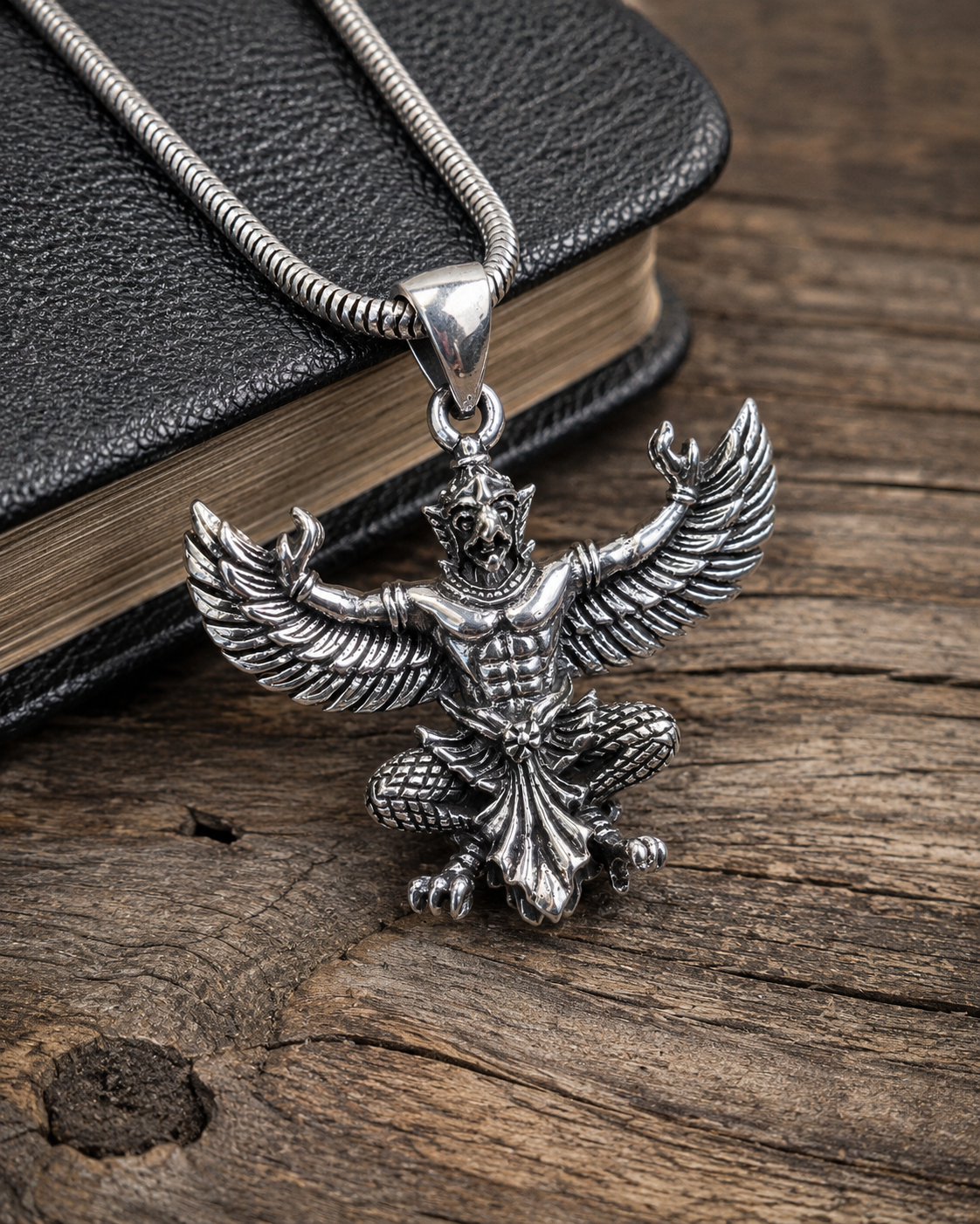 Solid Heavy Sterling Silver Lord Garuda Pendant – Hindu Vishnu Eagle Deity Necklace Jewelry