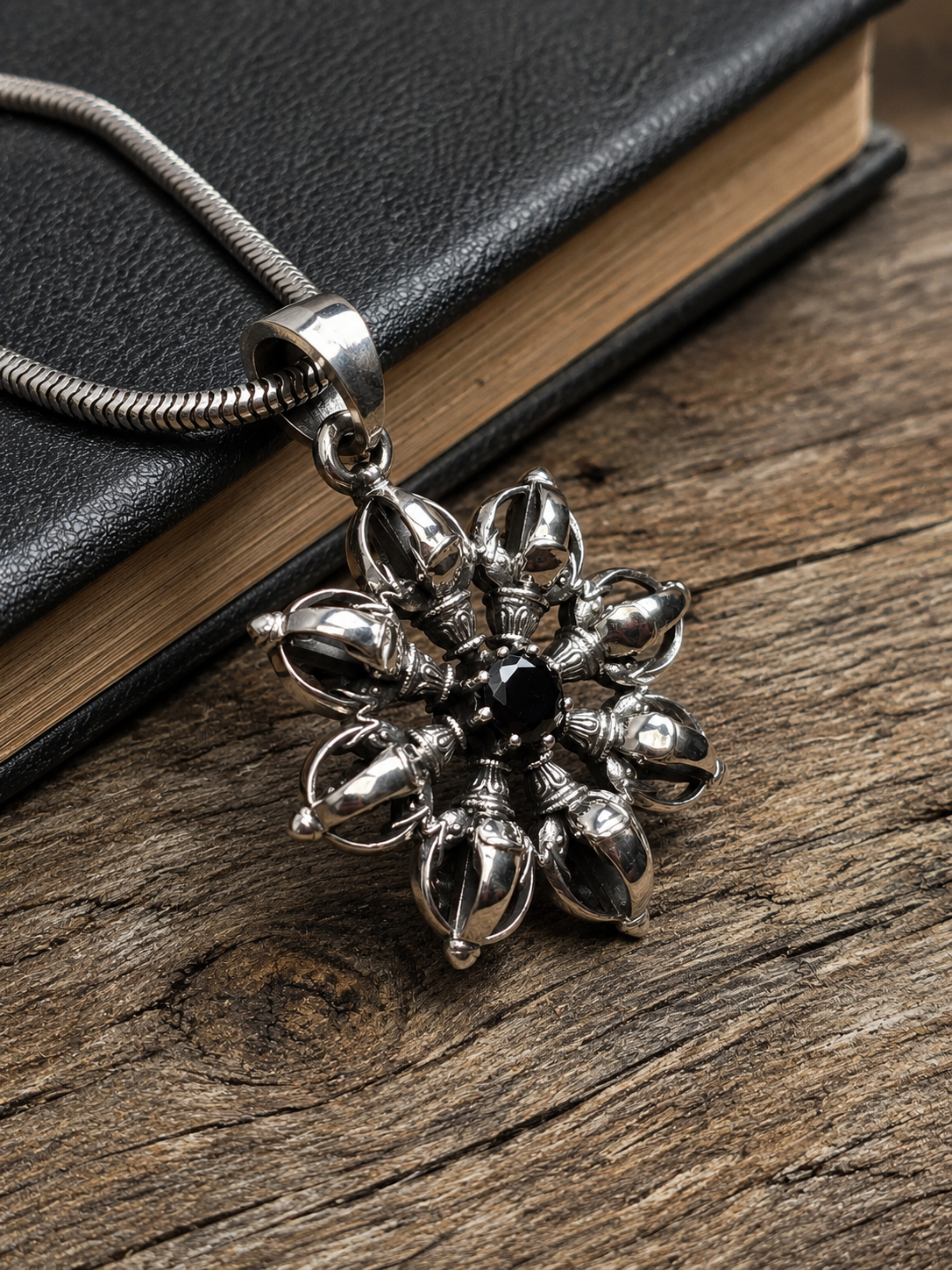 Heavy Solid Sterling Silver Black Spinel Vajra Mandala Pendant Necklace