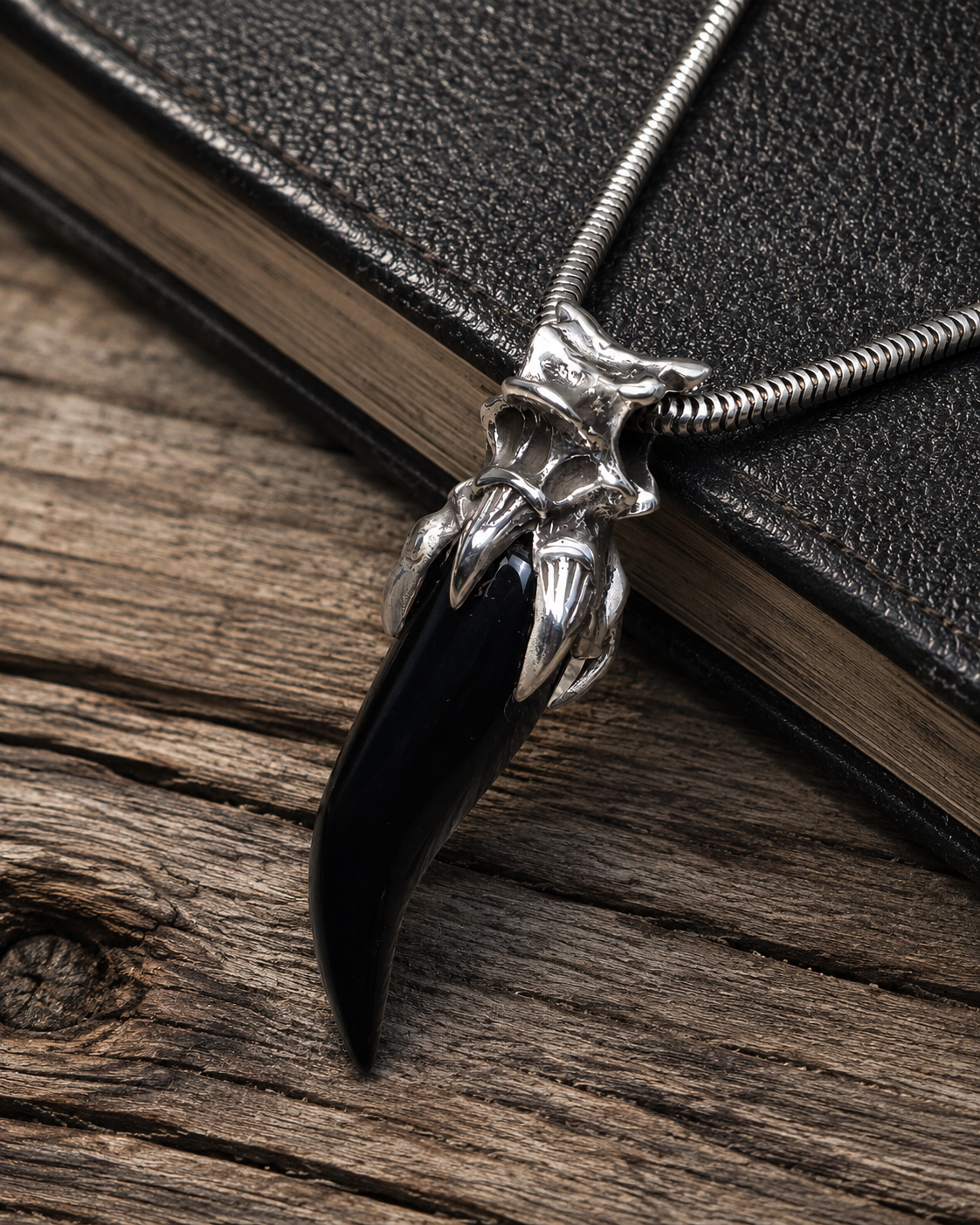 Black Onyx Claw Pendant , Solid Sterling Silver Gothic Fang Talisman