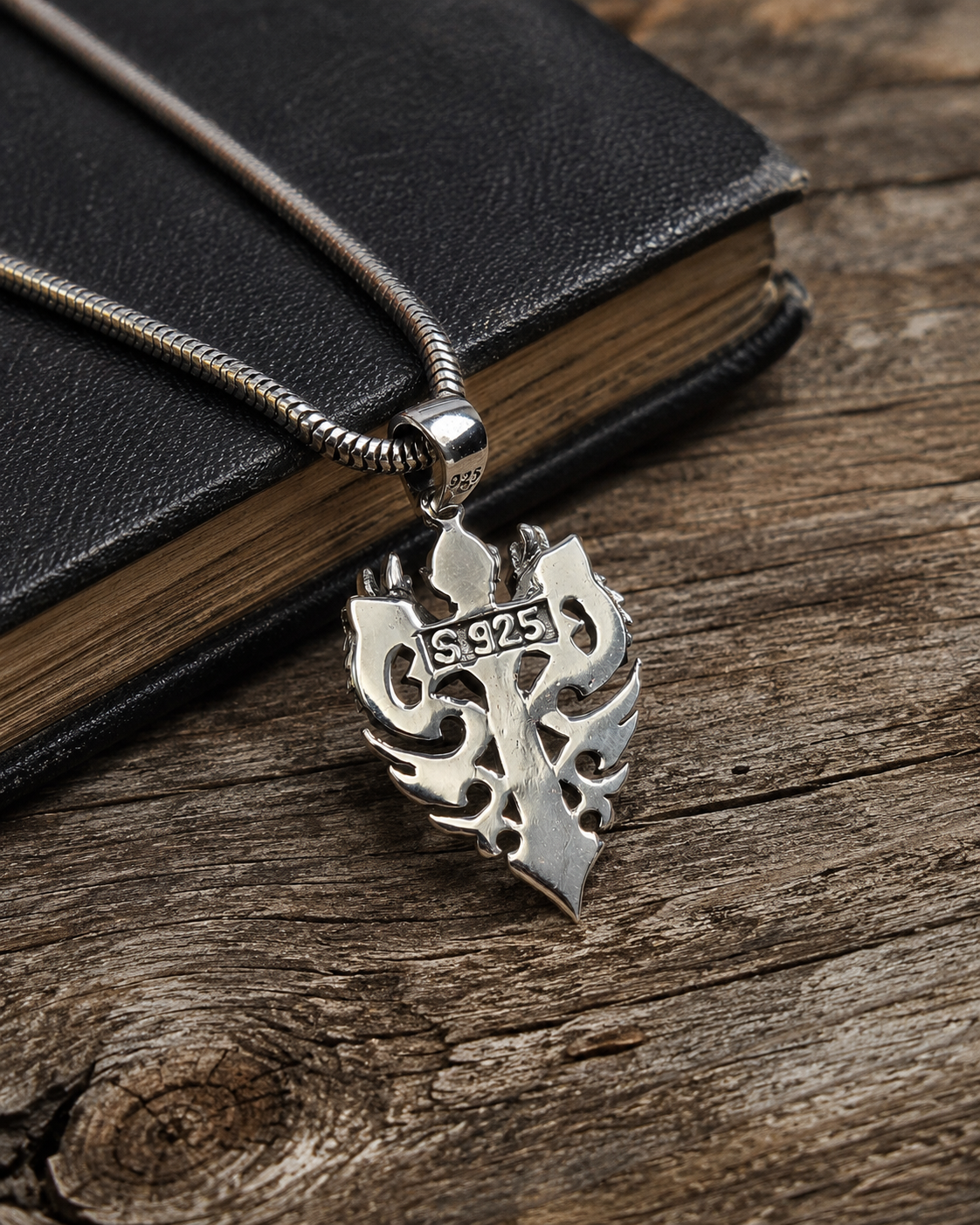 Sterling Silver Dragon Sword Pendant with Black Spinel – Heavy Solid Unisex Gothic Necklace