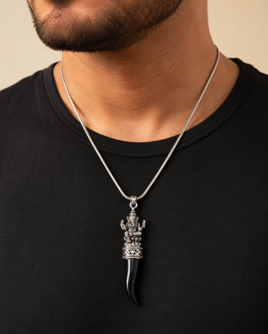 Sterling Silver Ganesha Black Onyx Tusk Pendant Pendant