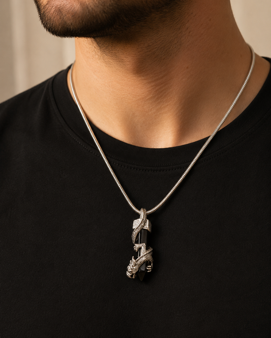 Sterling Silver Dragon Black Onyx Pendant – Solid Unisex Gothic Crystal Jewelry