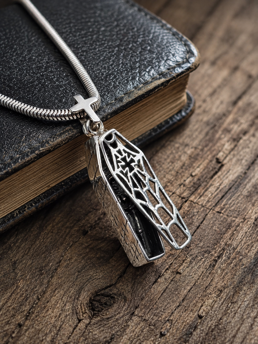 Sterling Silver Coffin Pendant with Skeleton & Cross Charm Gothic Pendant