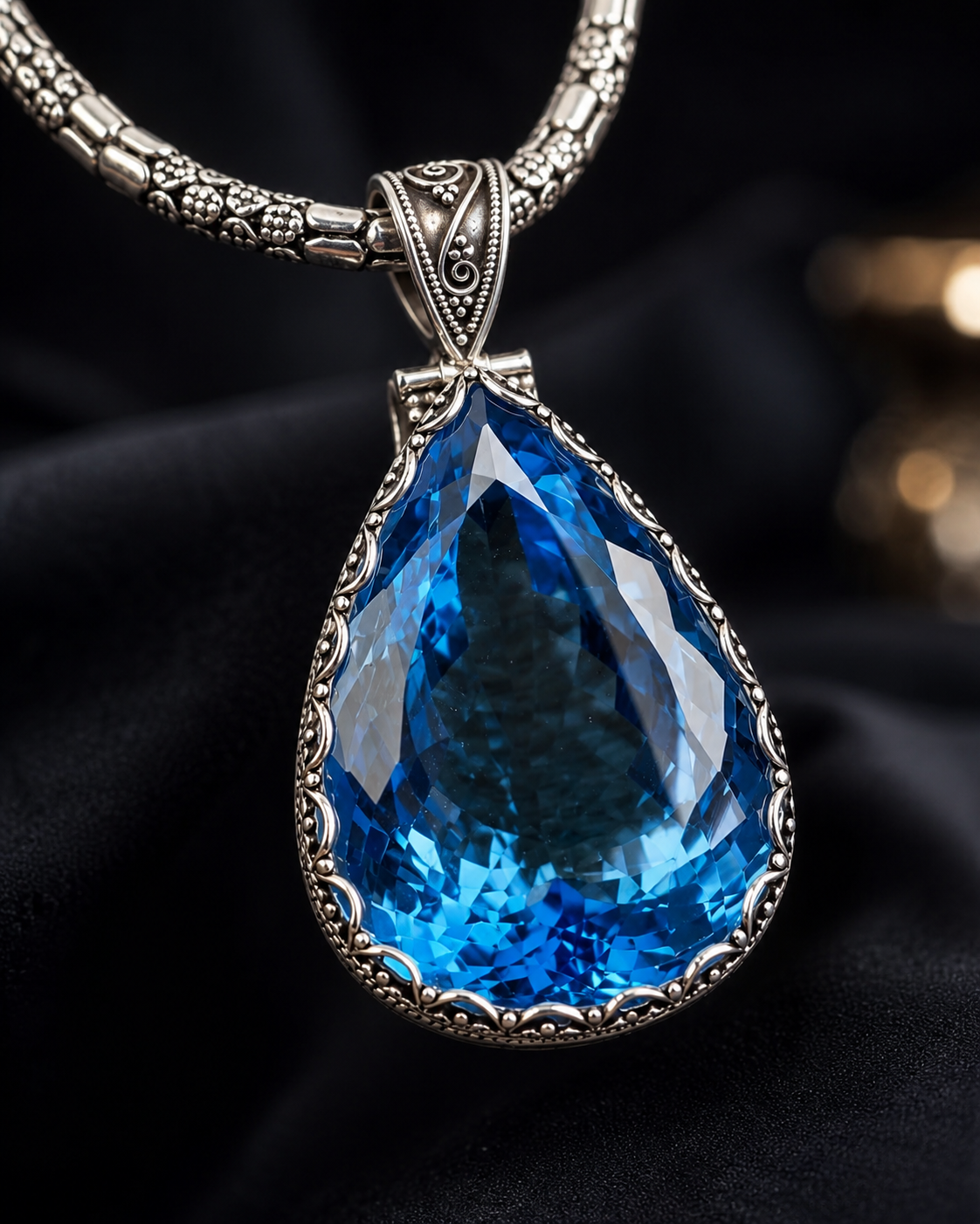 70ct Swiss Blue Topaz Pendant, Heavy Solid 925 Sterling Silver Statement Jewelry