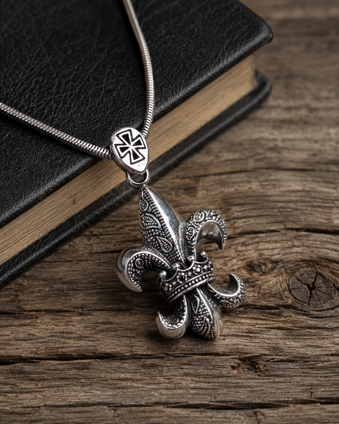 Solid Sterling Silver Fleur De Lis Crown Pendant with Black Spinel | Premium 925 Silver Gothic Cross Necklace Pendant