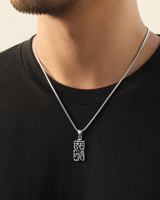 Solid Sterling Silver Om Mani Padme Hum Script Pendant | Buddhist Mantra Jewelry