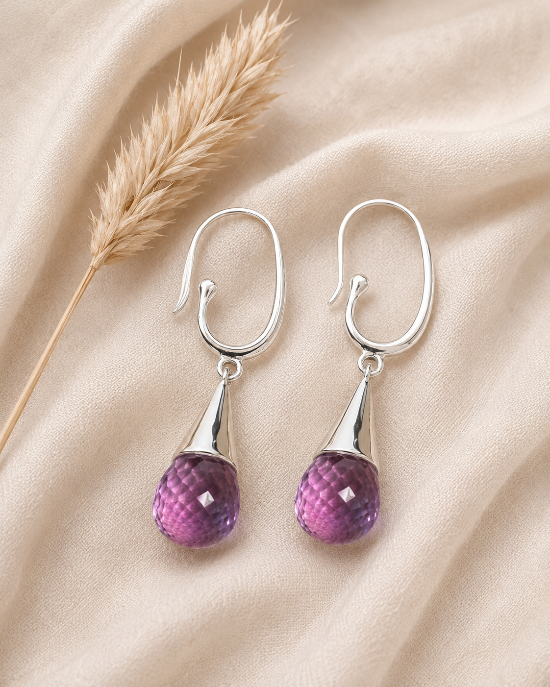 Sterling Silver Purple Amethyst Teardrop Earrings, Faceted Gemstone Dangle Hook Earrings