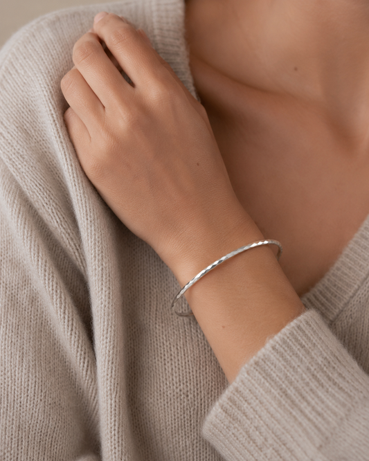2mm Sterling Silver Hammered Bangle Bracelet | Thin Stackable Silver Bracelet