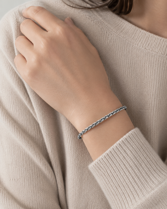 Sterling Silver 2mm Braided Bangle Bracelet | Minimal Woven Silver Stackable Bracelet