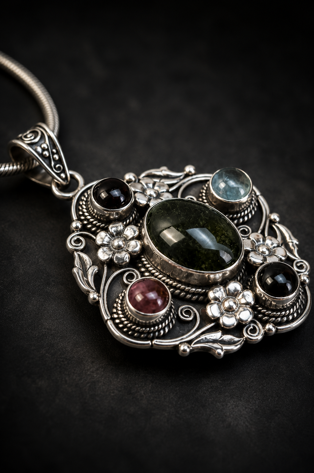 Sterling Silver Tourmaline Pendant , Multi-Stone Floral Artisan Boho Pendant