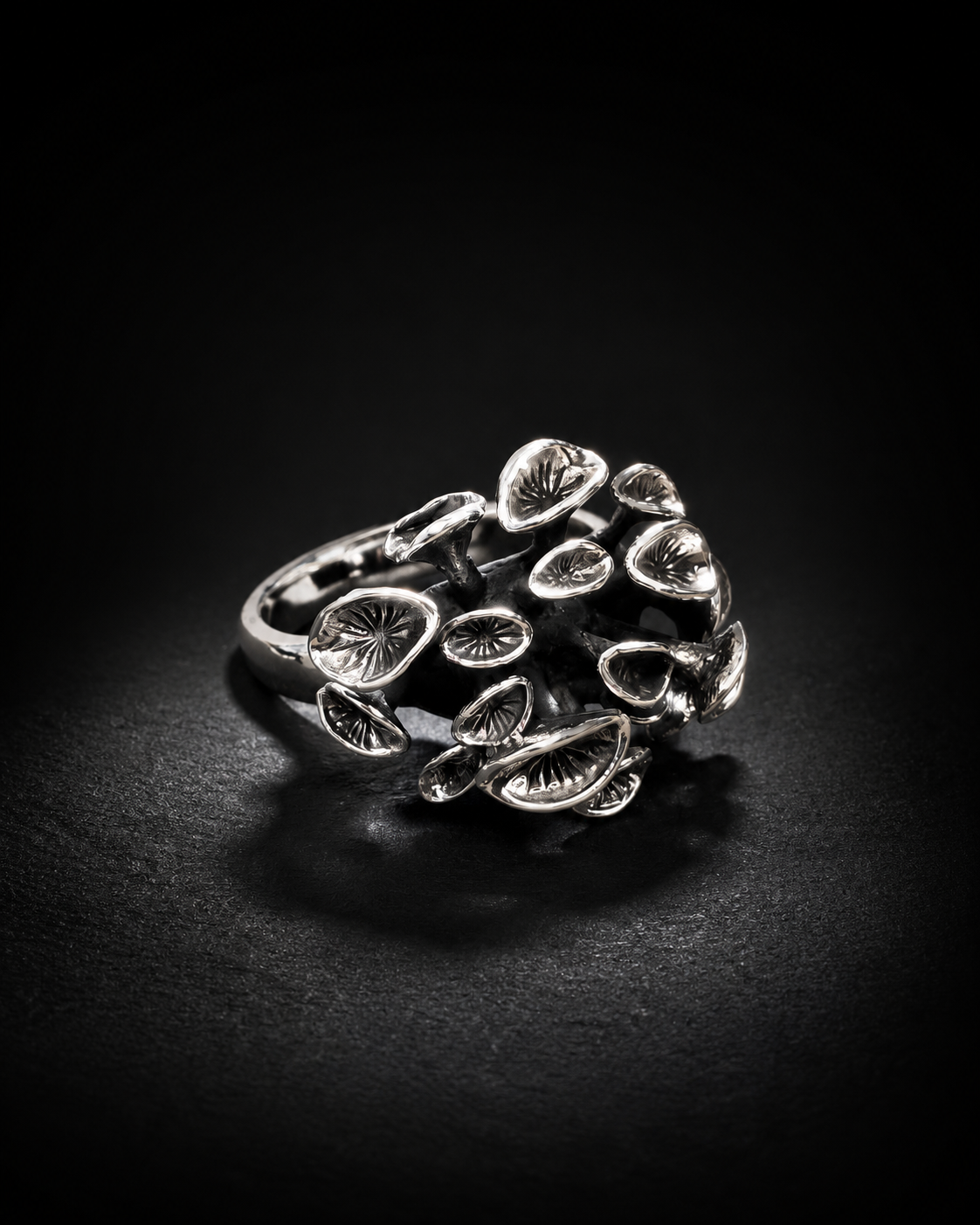 Sterling Silver Mushroom Cluster Ring, Oxidized Woodland Fungi Statement Ring, Handmade Botanical Nature Jewelry