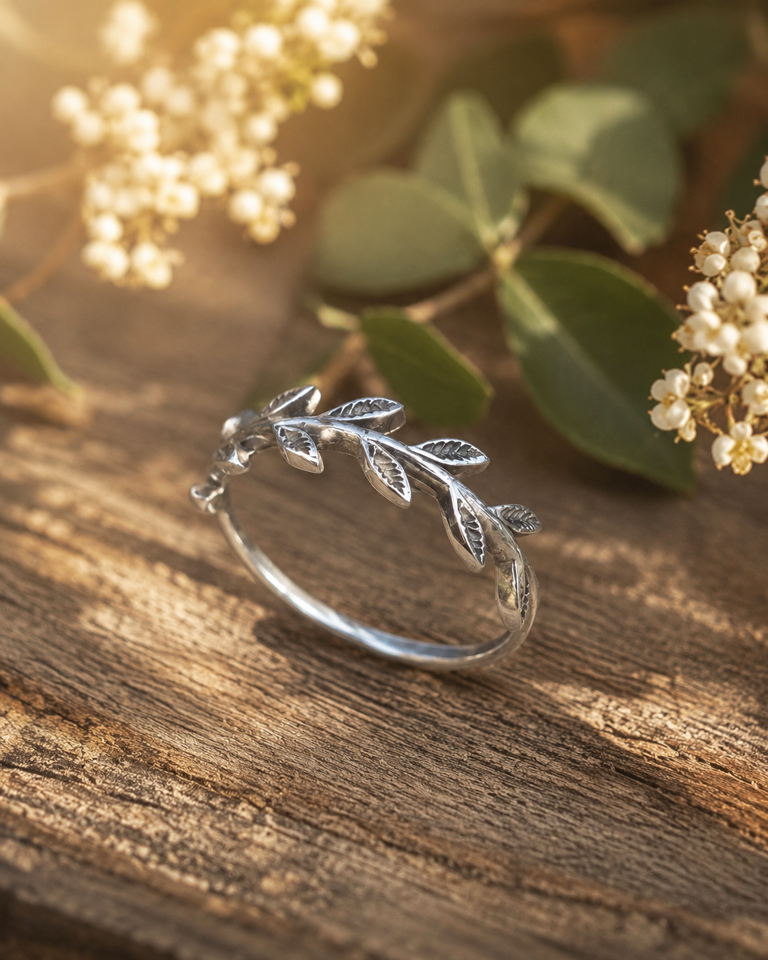 Sterling Silver Olive Branch Ring, Leaf Vine Ring, Nature Inspired Silver Band, Botanical Jewelry Gift