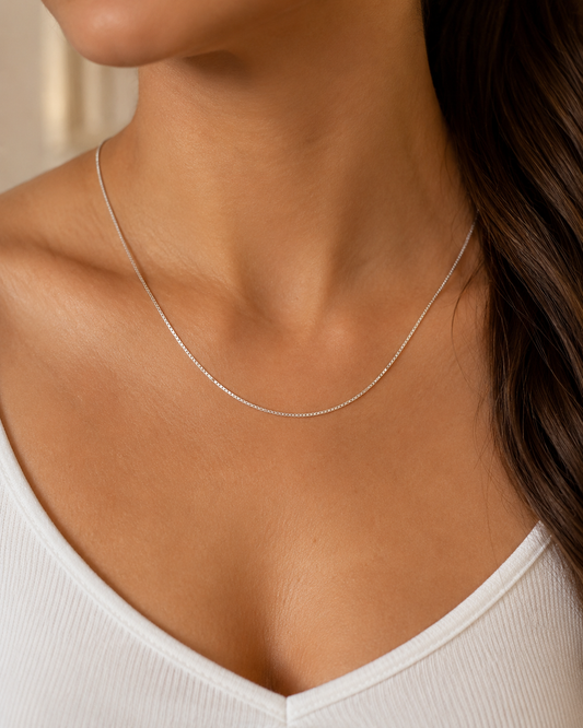 0.5mm Solid Sterling Silver Box Chain Necklace – Thin Minimalist 925 Silver Chain for Pendant, Delicate Everyday Jewelry