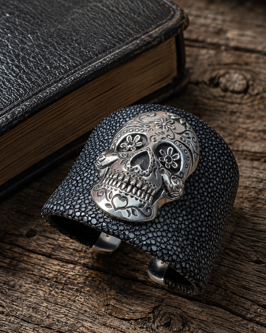 Sterling Silver Sugar Skull Leather Cuff Bracelet