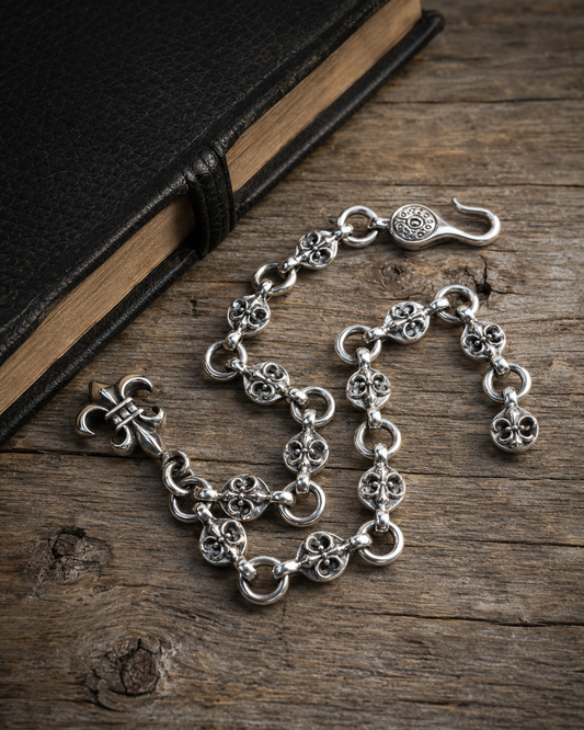 Solid Sterling Silver Fleur de Lis Charm Bracelet – Unisex Gothic Chain Bracelet