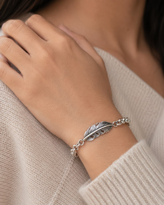 Sterling Silver Feather Bracelet, Unisex Heavy Chain Bracelet, 925 Silver Feather Link Bracelet, Boho Gift for Him Her