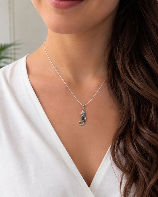 Sterling Silver Seahorse Necklace, Ocean Animal Pendant Jewelry, Beach Gift for Women