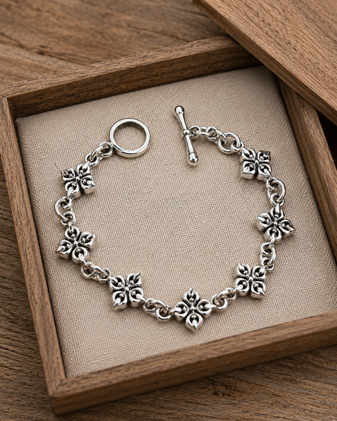 Solid Sterling Silver Vajra Bracelet, Dorje Floral Link Bracelet, 925 Silver Yoga Toggle Bracelet