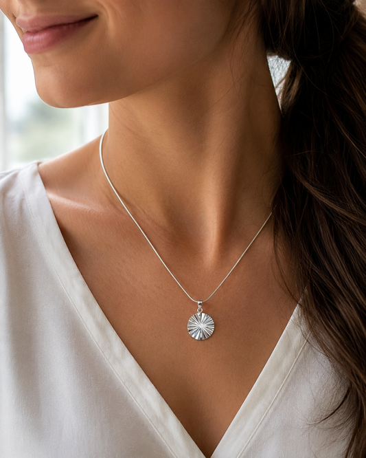 Sterling Silver Sunburst Pendant Necklace – Round Medallion Charm