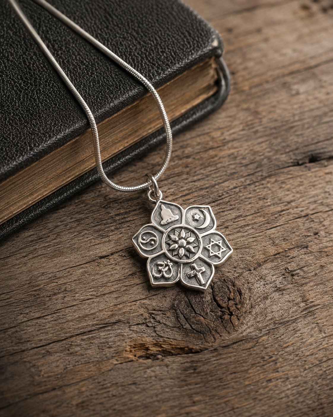 Sterling Silver Interfaith Flower Pendant, Multi-Faith Religious Symbols Charm, Yoga Lotus Sun Spiritual Jewelry