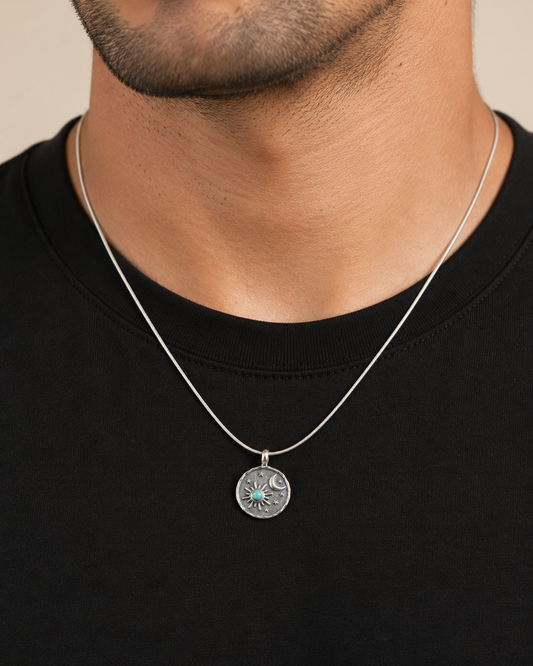 Unisex Sterling Silver Sun Moon Pendant, Turquoise or Black Onyx Celestial Stars Pendant, Boho Silver Jewelry Gift