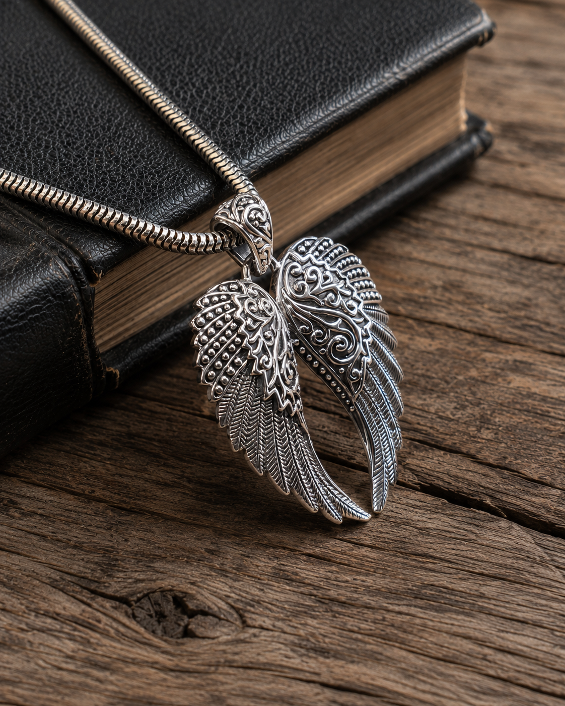 Sterling Silver Angel Wings Pendant, Ornate Wing Pendant, Boho Guardian Angel Jewelry, Gothic Silver Memorial Gift