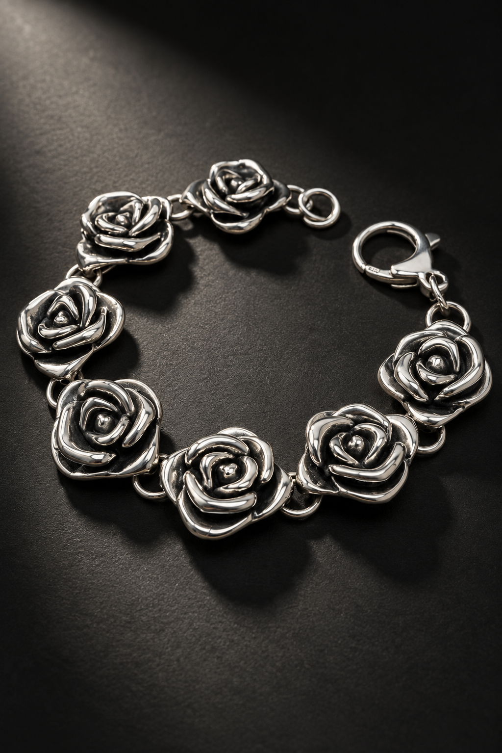 Sterling Silver Rose Link Bracelet – Hollow Floral Statement Bracelet