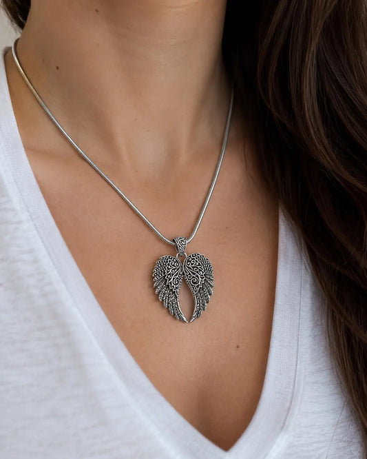 Sterling Silver Angel Wings Pendant, Ornate Wing Pendant, Boho Guardian Angel Jewelry, Gothic Silver Memorial Gift