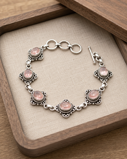 Sterling Silver Rose Quartz Bracelet – Handmade Pink Gemstone Floral Link Bracelet