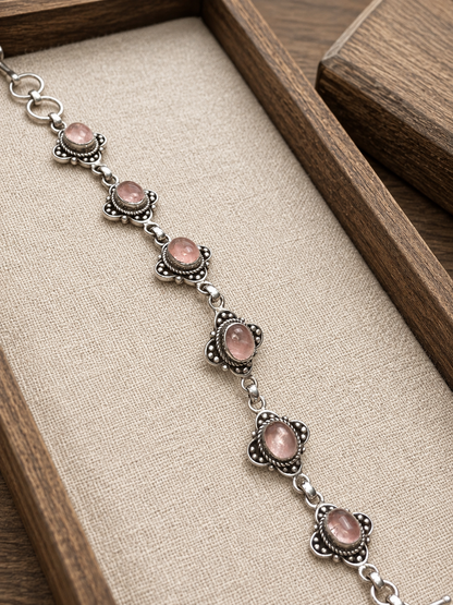 Sterling Silver Rose Quartz Bracelet – Handmade Pink Gemstone Floral Link Bracelet