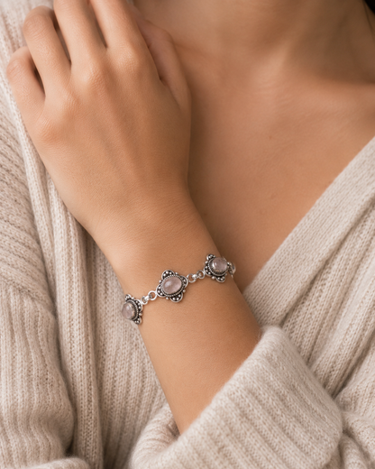 Sterling Silver Rose Quartz Bracelet – Handmade Pink Gemstone Floral Link Bracelet