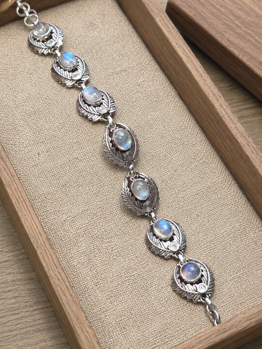 Sterling Silver Rainbow Moonstone Bracelet – Leaf & Spiral Link Bracelet