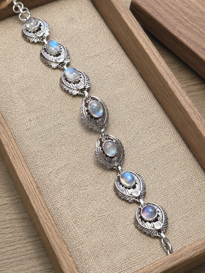 Sterling Silver Rainbow Moonstone Bracelet – Leaf & Spiral Link Bracelet