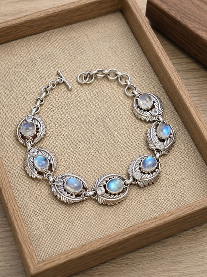 Sterling Silver Rainbow Moonstone Bracelet – Leaf & Spiral Link Bracelet