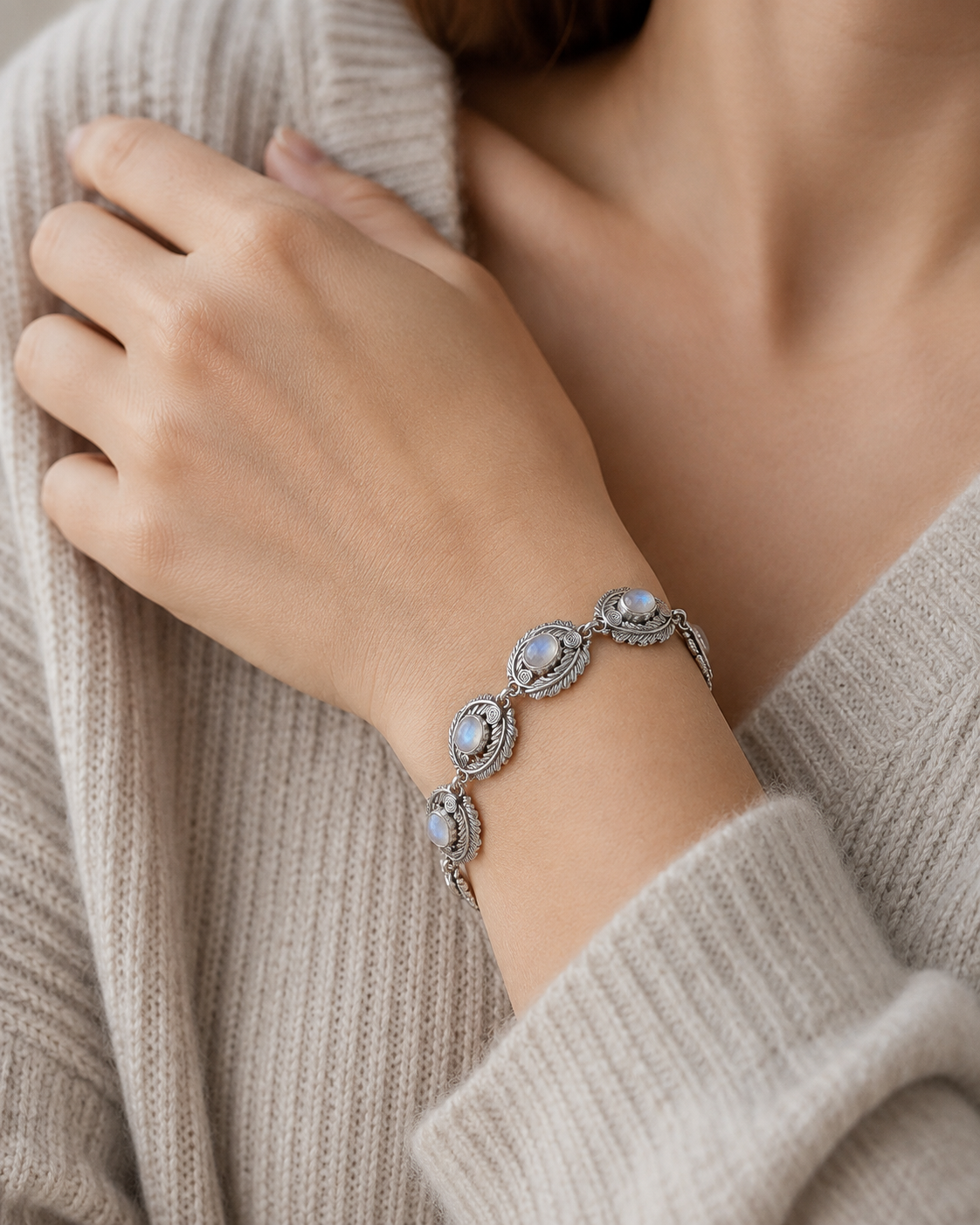 Sterling Silver Rainbow Moonstone Bracelet – Leaf & Spiral Link Bracelet